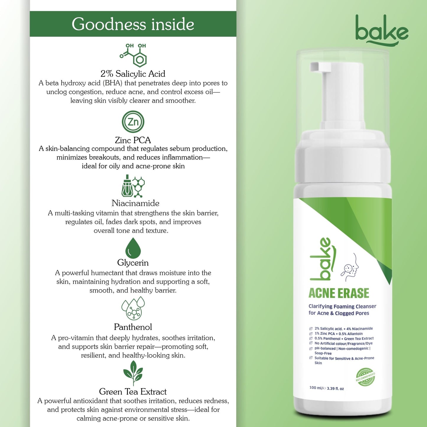 BAKE Acne Erase Foaming Cleanser with 2% Salicylic Acid for Acne, Clogged Pores & Oil Control