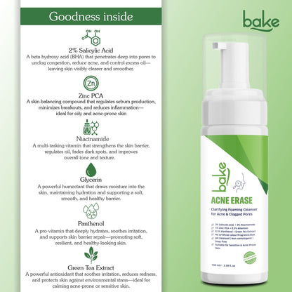 BAKE Acne Erase Foaming Cleanser with 2% Salicylic Acid for Acne, Clogged Pores & Oil Control