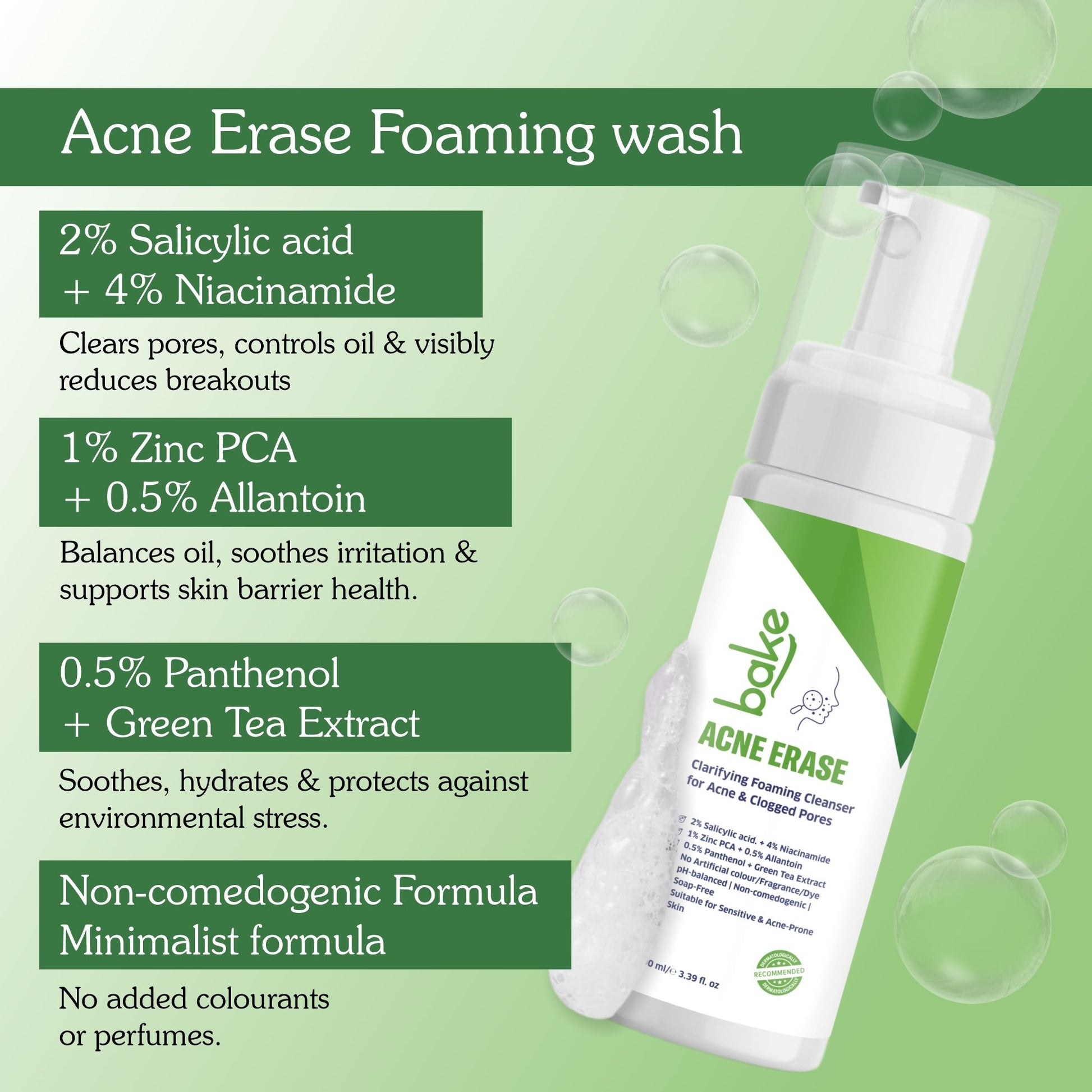BAKE Acne Erase Foaming Cleanser with 2% Salicylic Acid for Acne, Clogged Pores & Oil Control