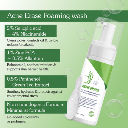 BAKE Acne Erase Foaming Cleanser with 2% Salicylic Acid for Acne, Clogged Pores & Oil Control