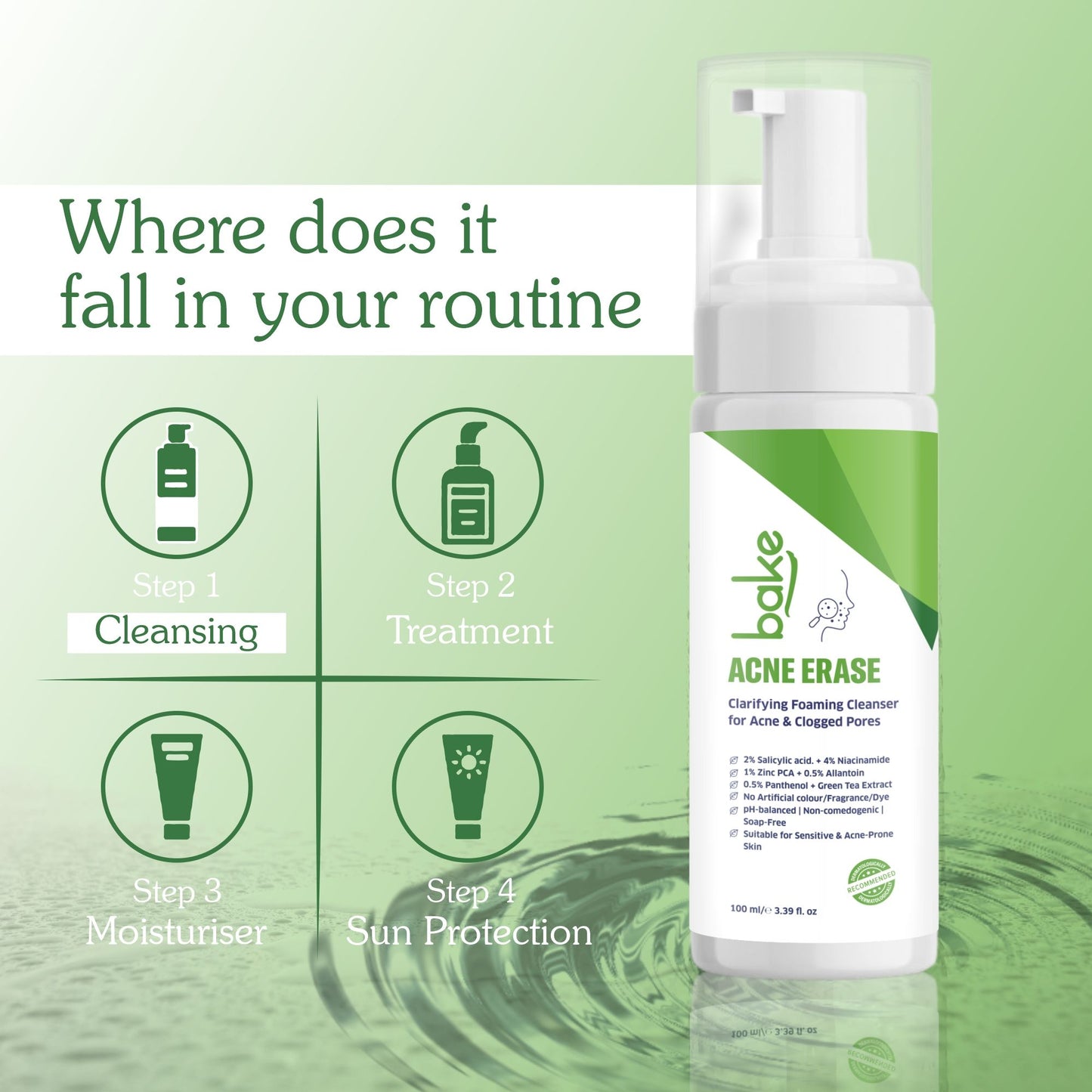 BAKE Acne Erase Foaming Cleanser with 2% Salicylic Acid for Acne, Clogged Pores & Oil Control