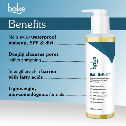 BAKE RxMelt Cleansing Oil with 15% Hempseed - Removes Waterproof Makeup, SPF & Pore Buildup