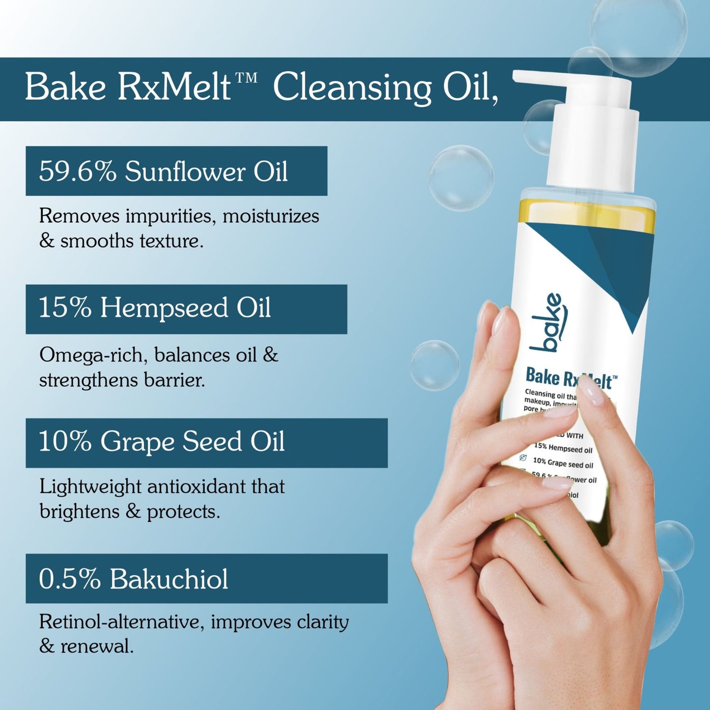 BAKE RxMelt Cleansing Oil with 15% Hempseed - Removes Waterproof Makeup, SPF & Pore Buildup