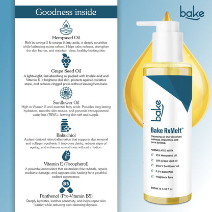 BAKE RxMelt Cleansing Oil with 15% Hempseed - Removes Waterproof Makeup, SPF & Pore Buildup