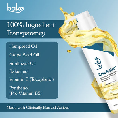 BAKE RxMelt Cleansing Oil with 15% Hempseed - Removes Waterproof Makeup, SPF & Pore Buildup