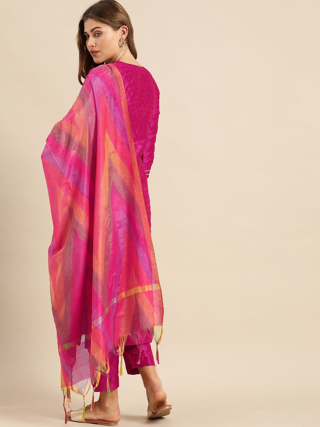 Indyancart VA Women's Magenta & Gold-Toned Embroidered Kurta with Trousers & Dupatta