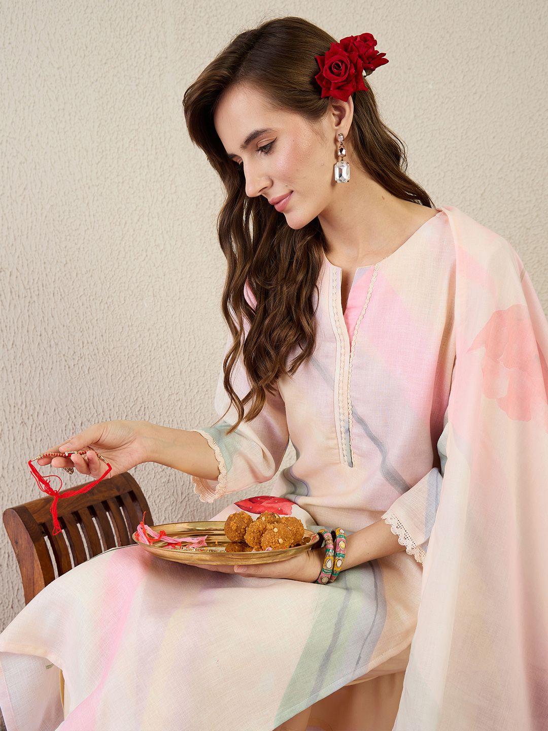 Floral Printed Notch Neck Straight Kurta With Trouser & Dupatta