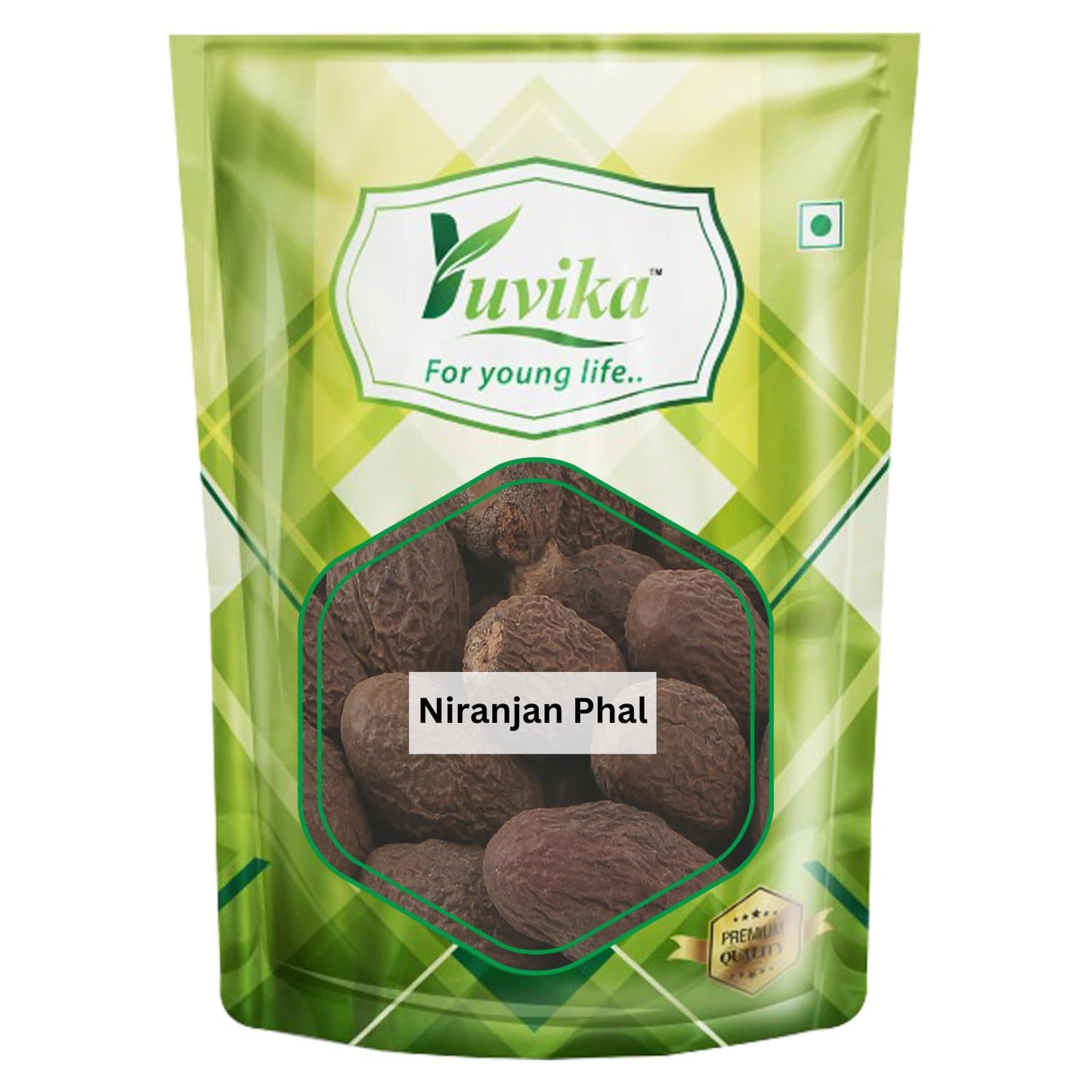 Yuvika Niranjan Phal Ayurvedic Malva Nuts Sterculia Lychnophora in a clear container, showcasing the dried herbal product.