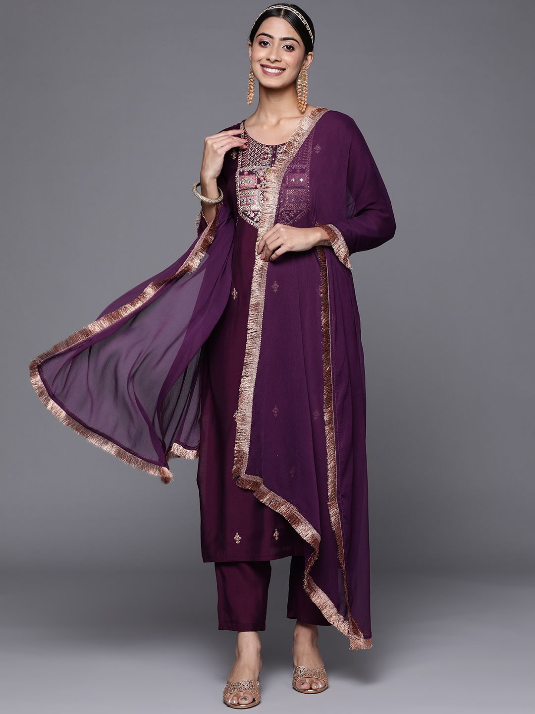 Indyancart VA Women's Aubergine & Gold Ethnic Embroidered Straight Kurta with Trousers Dupatta