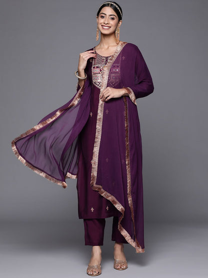 Indyancart VA Women's Aubergine & Gold Ethnic Embroidered Straight Kurta with Trousers Dupatta