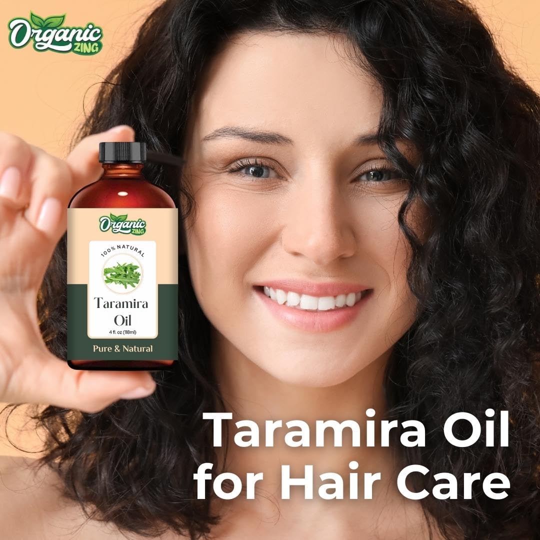 Organic Zing Zing Taramira oil in a glass bottle, showing the pure steam-distilled essential oil for skincare and haircare use.