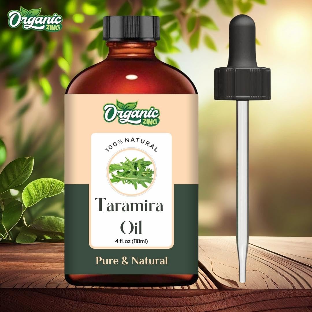 Organic Zing Taramira oil bottle, steam-distilled essential oil for massage, skincare, and haircare, in a clear glass container.