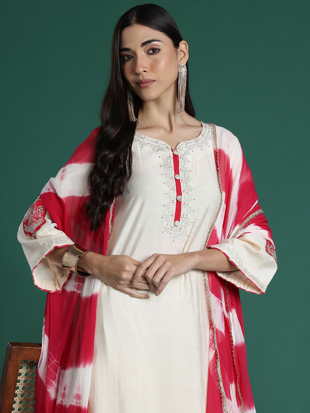 Dhiyona IE Ethnic Motifs Yoke Design Zari Kurta with Trousers & Dupatta