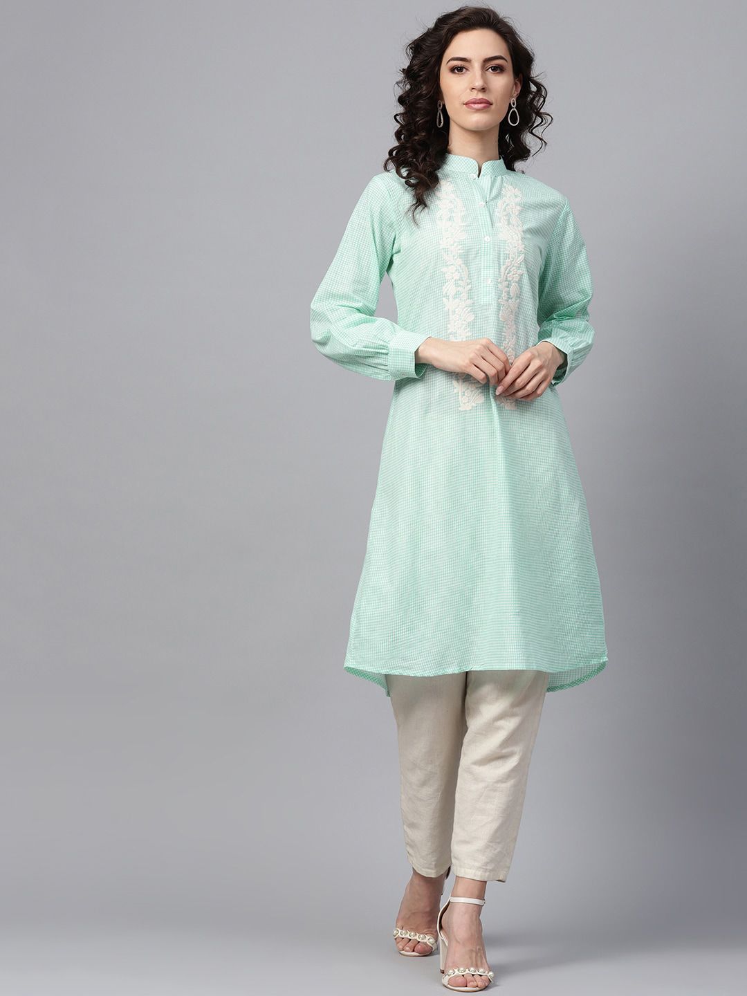 Indyancart IE Women Sea Green Checked Kurta