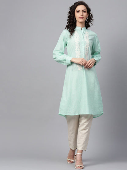 Indyancart IE Women Sea Green Checked Kurta
