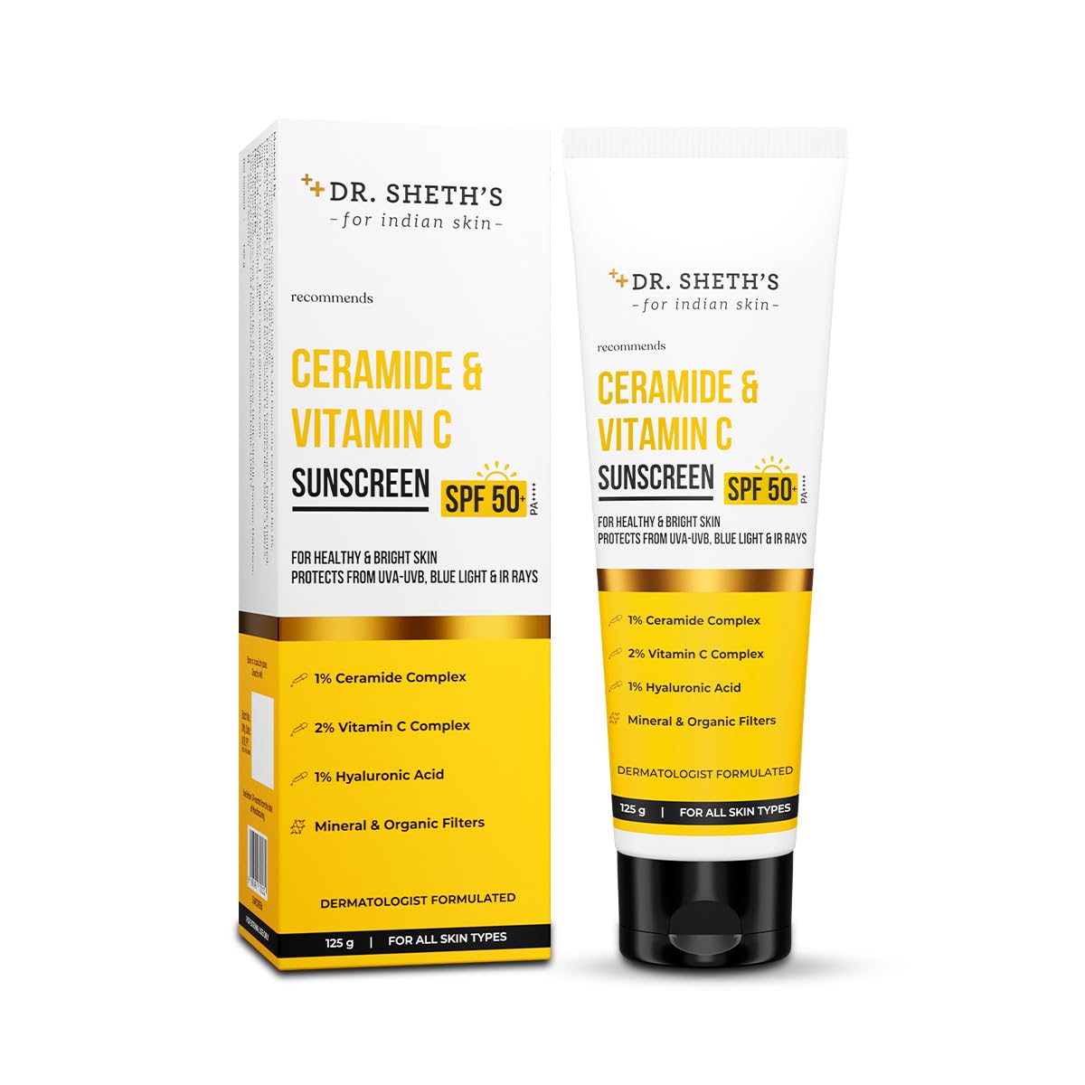 Dr. Sheth's Ceramide & Vitamin C Sunscreen SPF 50+ PA+++ UVA UVB Sun Protection, For All Skin Types - Indyancart