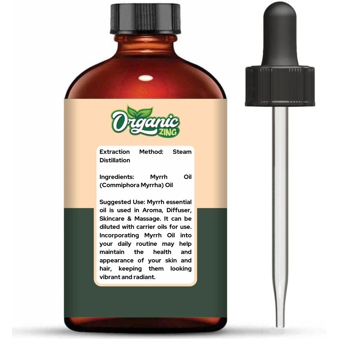Organic Zing Myrrh essential oil in a glass bottle, highlighting natural aroma and skincare benefits for massage and diffuser use.