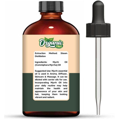 Organic Zing Myrrh essential oil in a glass bottle, highlighting natural aroma and skincare benefits for massage and diffuser use.