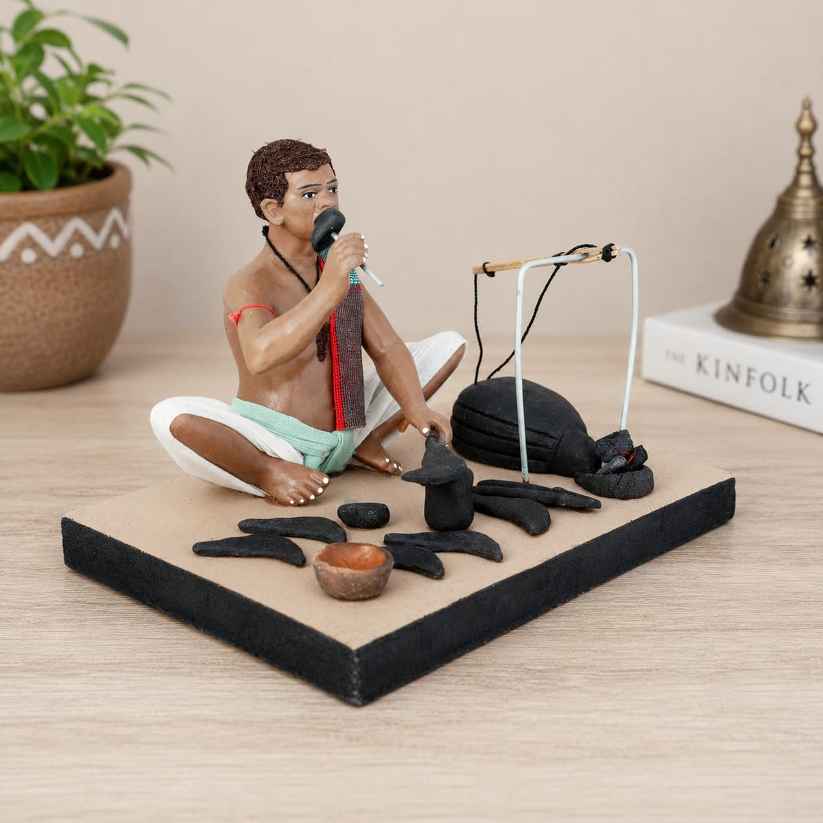 Niharika Krishnanagar Handmade Clay Blacksmith Idol for Home Décor & Gifting, Sitting Human Figure Miniature Showpiece, Multicolour Indian Art Figurine, 15.2 x 10.2 x 10.2 cm-1 Piece