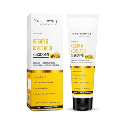 Dr. Sheth's Kesar & Kojic Acid Sunscreen bottle with SPF, featuring a white and yellow label and pump dispenser.