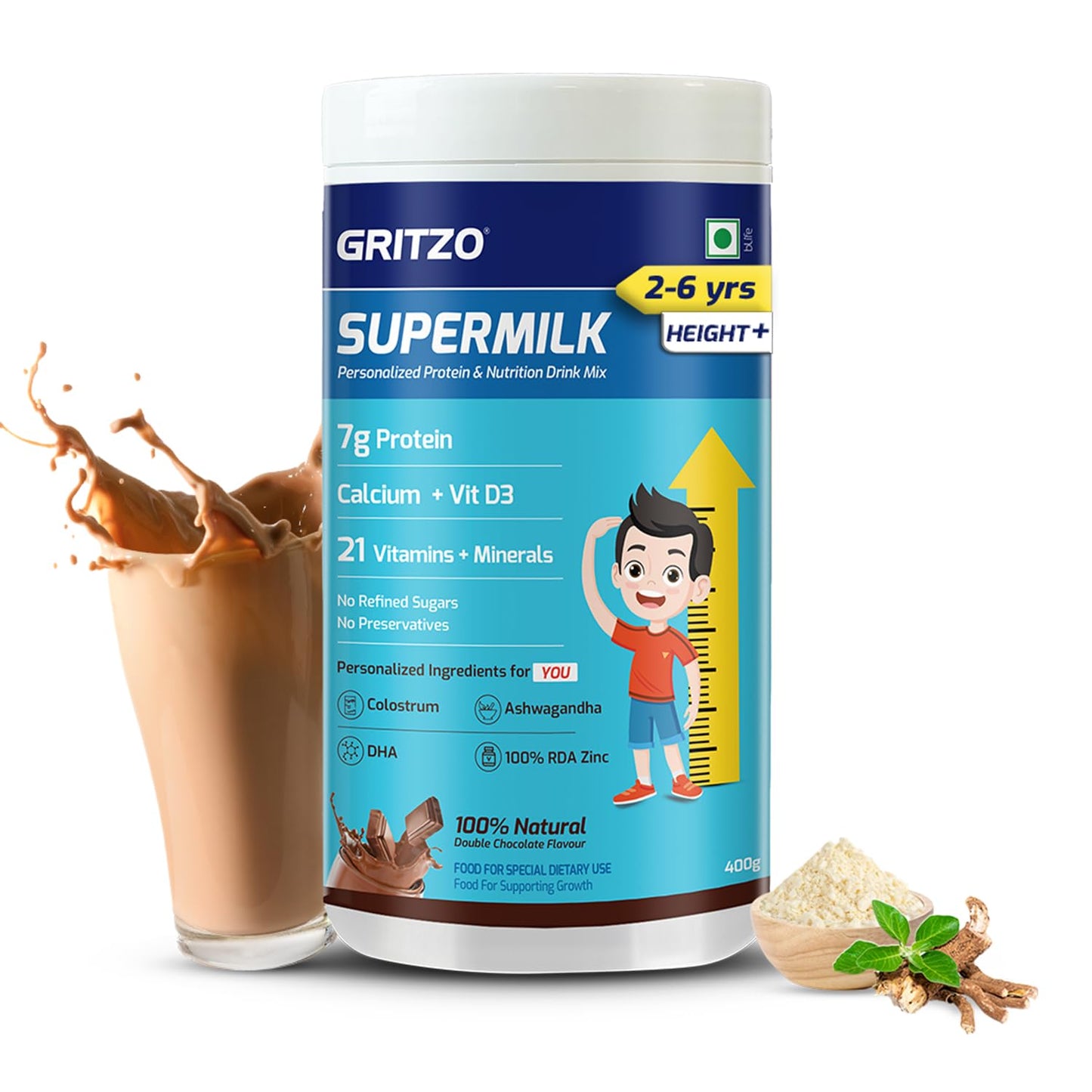 Gritzo Supermilk Height+ For 2-6Y Boys/Girls - Double Chocolate Flavor - Indyancart