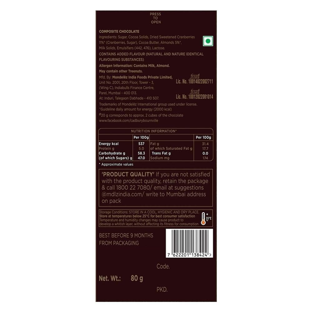 Cadbury Bournville Dark Chocolate Bar with Cranberry, 80g (Pack of 5)