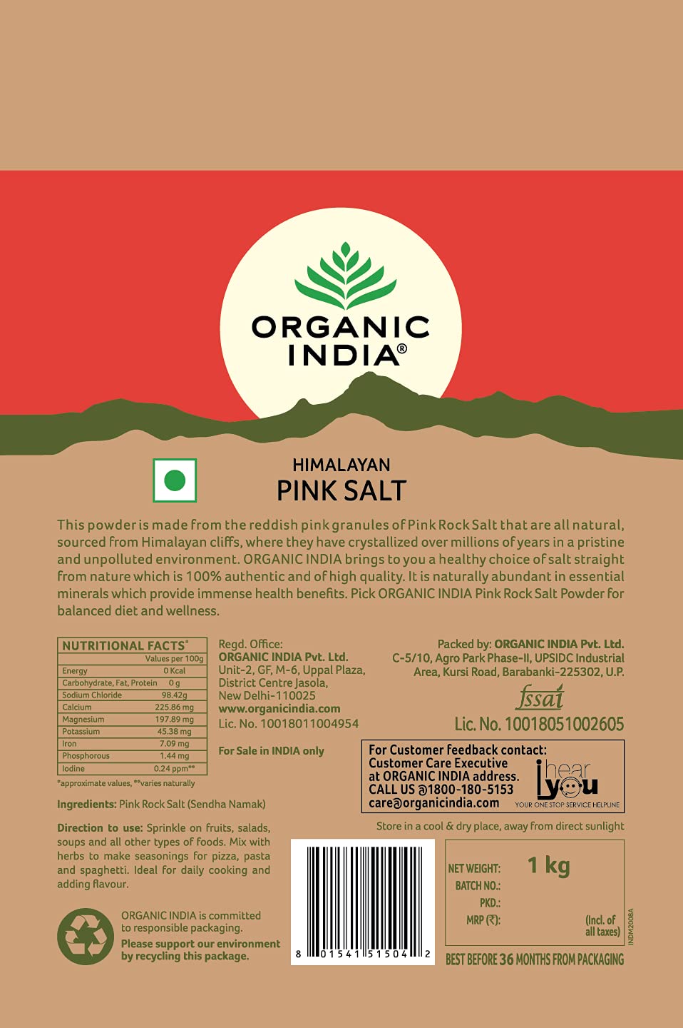 Organic India Himalayan Pink Rock Salt crystals on a white surface, showcasing natural pink mineral-rich food salt for cooking and seasoning.