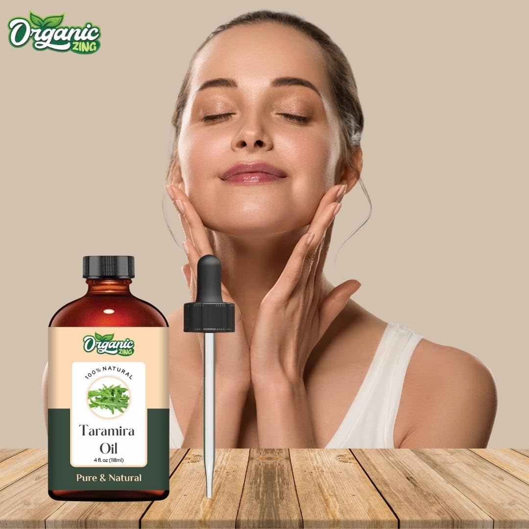 Organic Zing Zing Taramira oil bottle, pure steam-distilled essential oil for massage, skincare, and haircare in a natural setting.