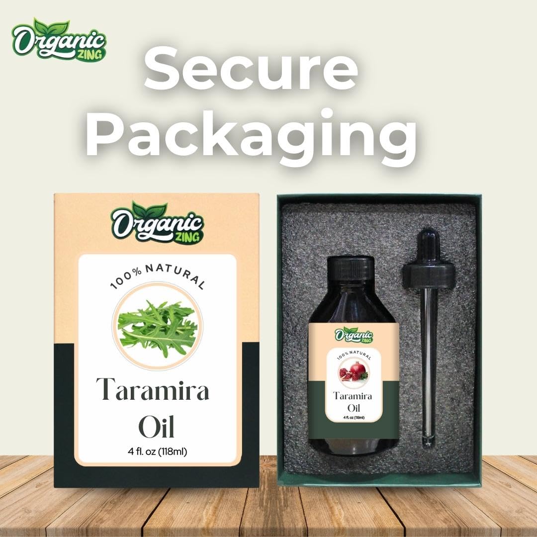 Organic Zing Taramira (Eruca vesicaria SSP. Sativa) oil in a glass bottle, ideal for massage, skincare, and haircare routines.