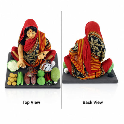Niharika Collections Krishnanagar Handmade Terracotta Clay Woman Vegetable Seller Miniature Idol | Basic Sitting Human Figurine | Home Decor, Golu Display and Gifting