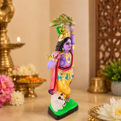 Niharika Collections Krishna Lifting Govardhan Parbat Idol | Spiritual & Cultural Clay Art | Handmade Terracotta Sculpture