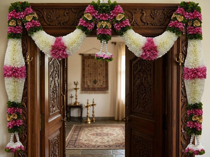 Pink & Cream Hanging Artificial Flower Toran for Main Door Entrance, Reusable Thoran for Pooja Mandir, Living Room & Home Décor, Bandarwal for Festival Decoration (42x25 inch)
