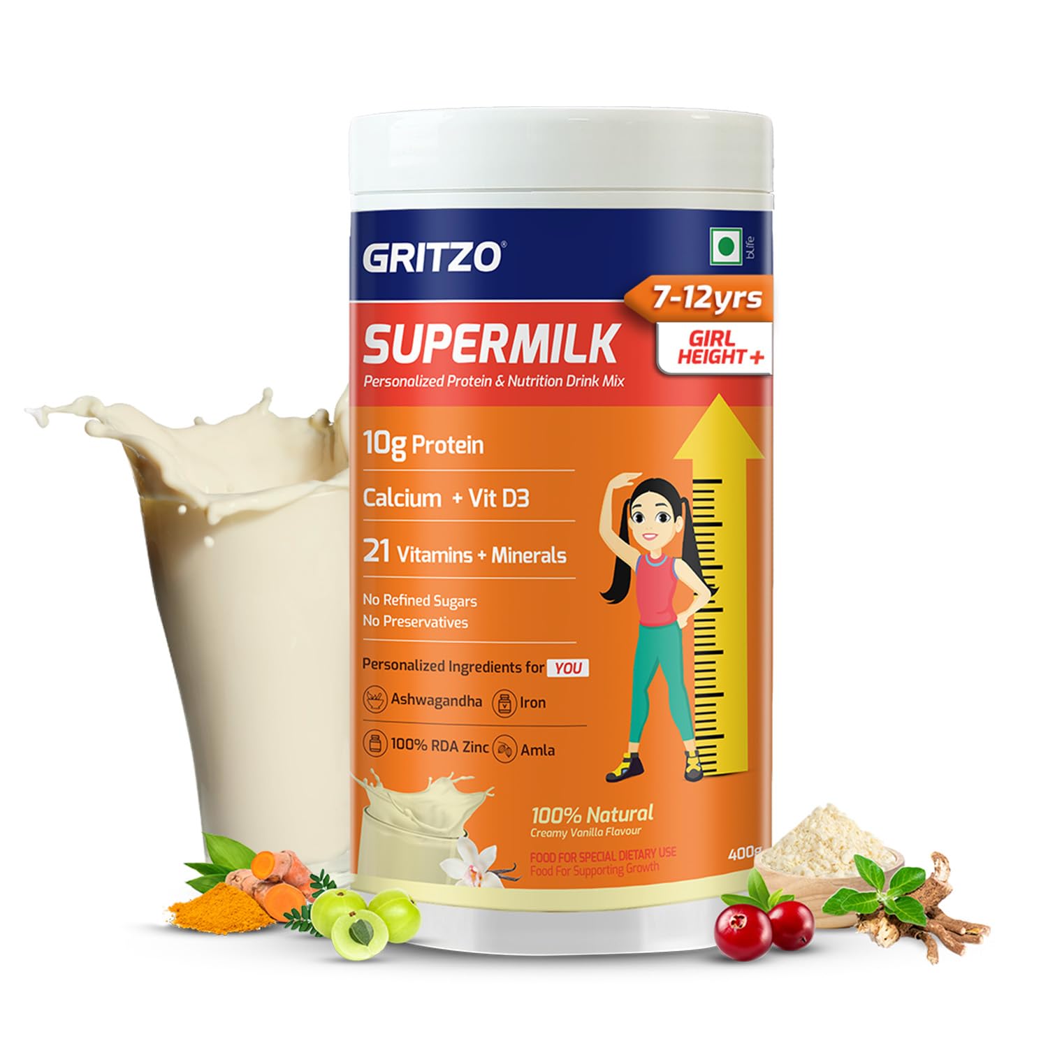 Gritzo SuperMilk Height+ (7-12y Girls), 10g Protein (Creamy Vanilla) - Indyancart