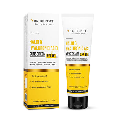 Dr. Sheth's Haldi & Hyaluronic Acid Sunscreen SPF 50+ PA+++ For Hydrating & Brightening Skin, Protects against UVA/UVB & Blue light - Indyancart