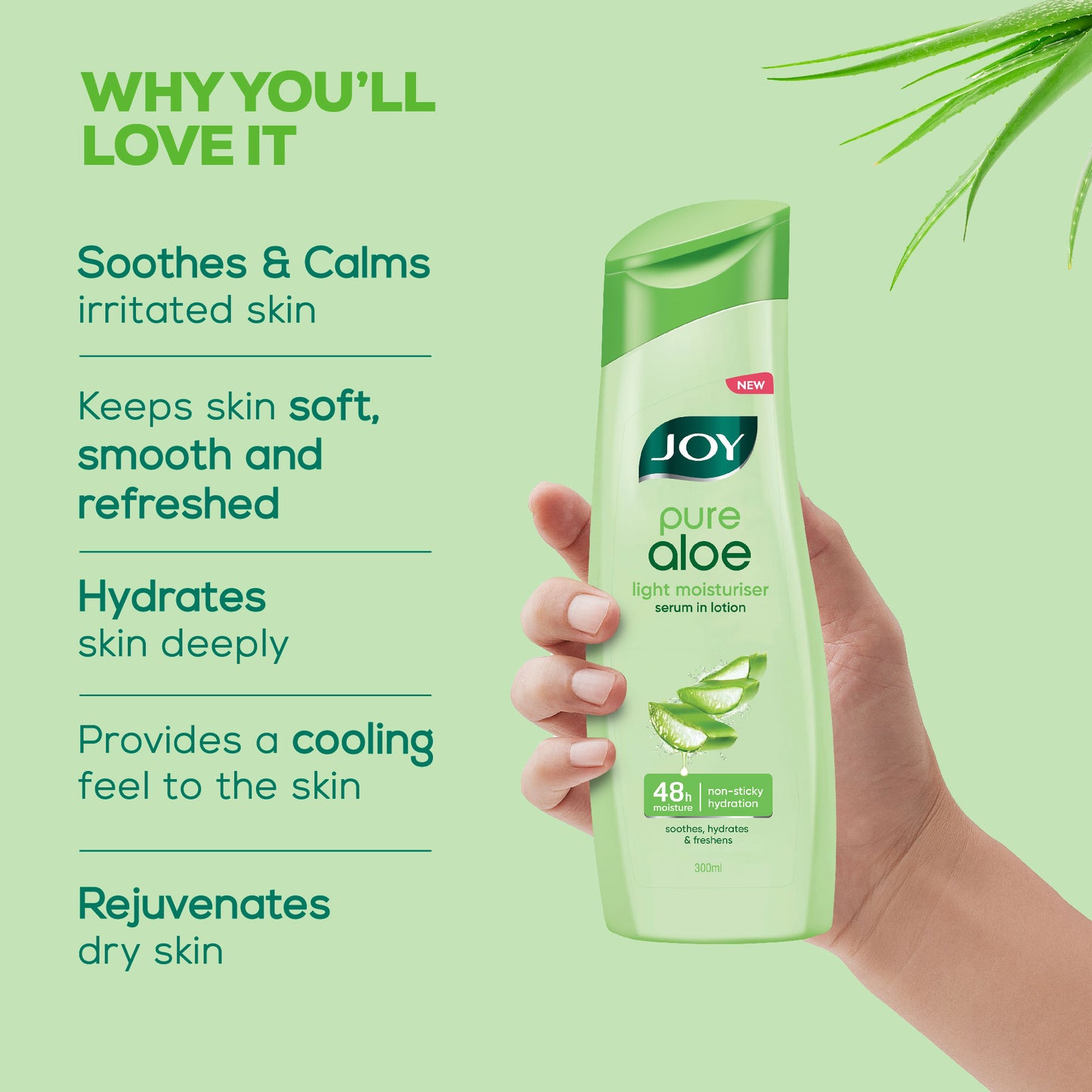 Joy Pure Aloe Vera Body Lotion, Lightweight 48hr Moisturization for Normal & Oily Winter Skin