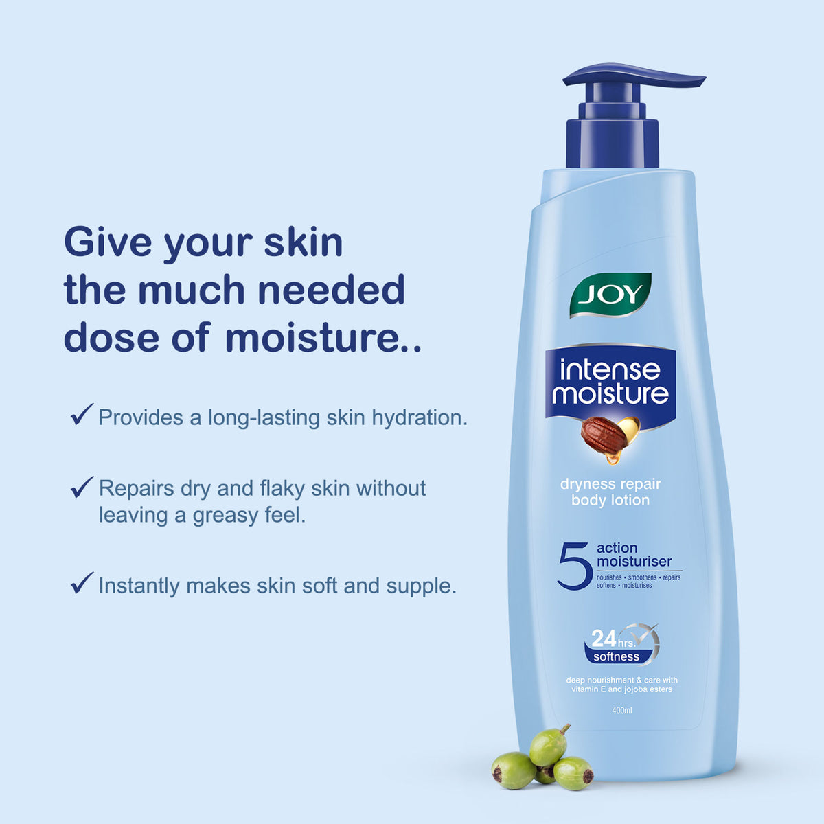 Joy Intense Moisture Dryness Repair Body Lotion with Vitamin E and Jojoba, providing 24-hour softness for winter skin.