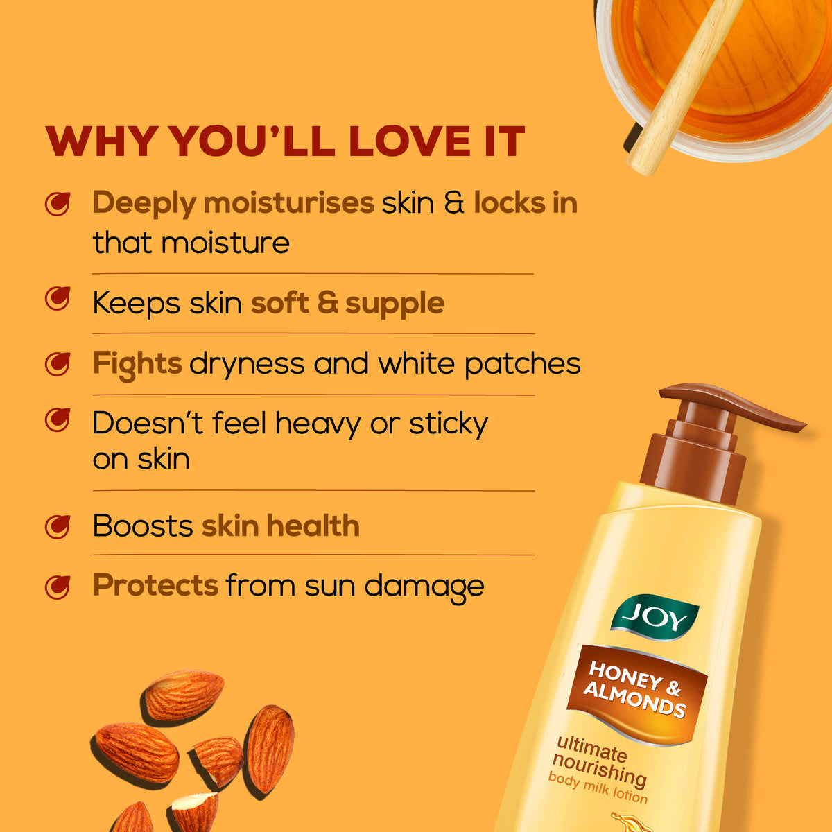 Joy Honey & Almonds Ultimate Nourishing Body Lotion with Shea and Vitamin E, featuring a pump bottle with golden accents.