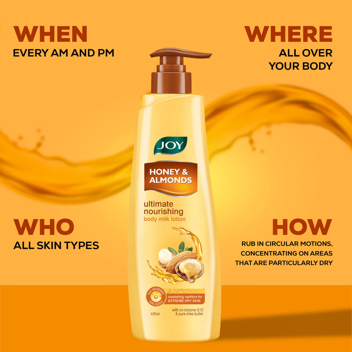Joy Honey & Almonds nourishing body lotion with shea and vitamin E, perfect for winter skin care, shown in a pump bottle.