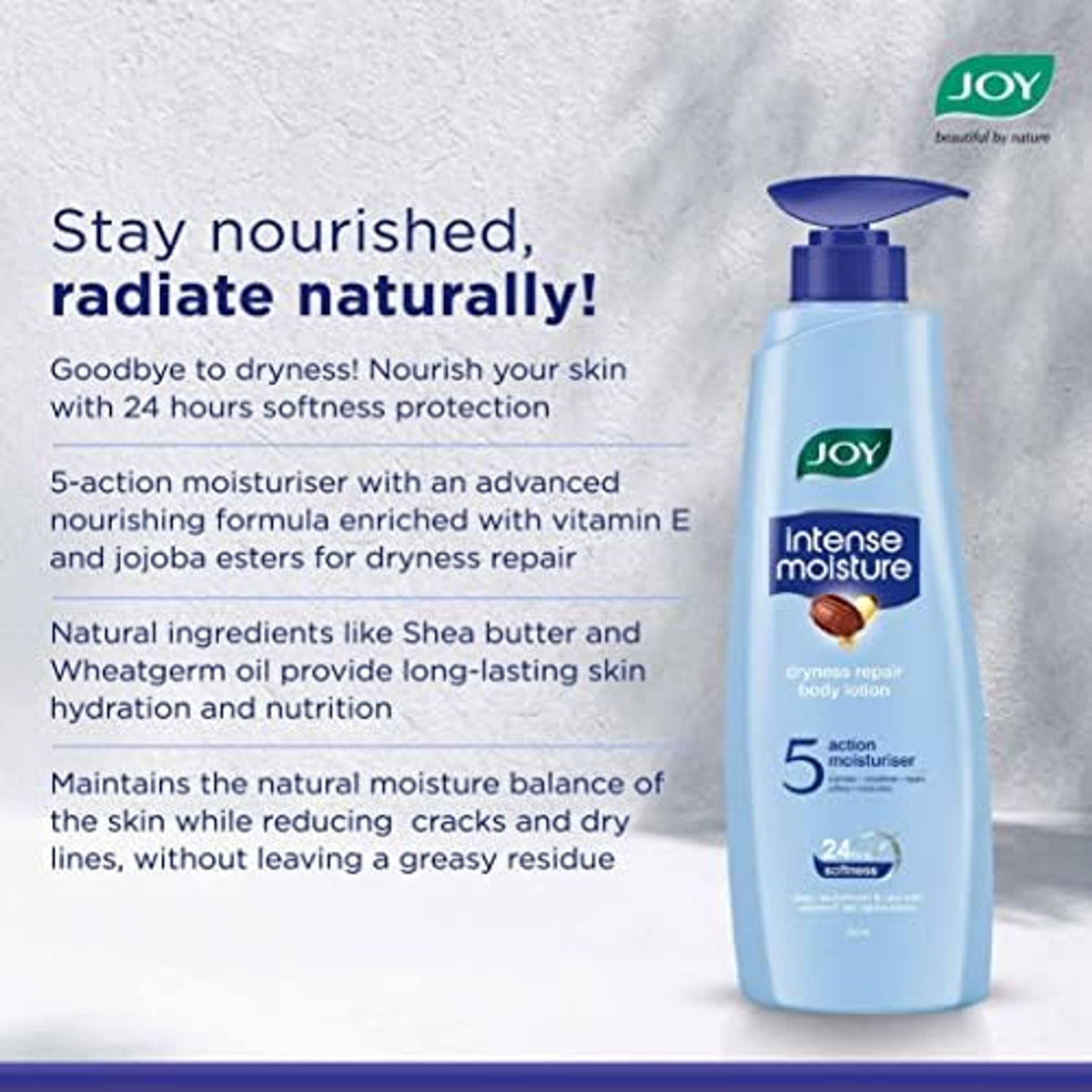 Joy Intense Moisture Body Lotion with Vitamin E and Jojoba, providing 24-hour softness and hydration for dry winter skin