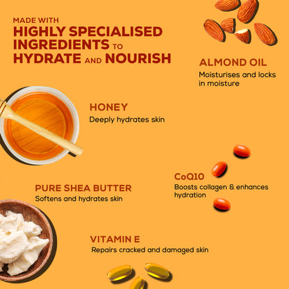 Joy Honey & Almonds nourishing body lotion with shea and vitamin E, showing a pump bottle of moisturizer for winter skin care.