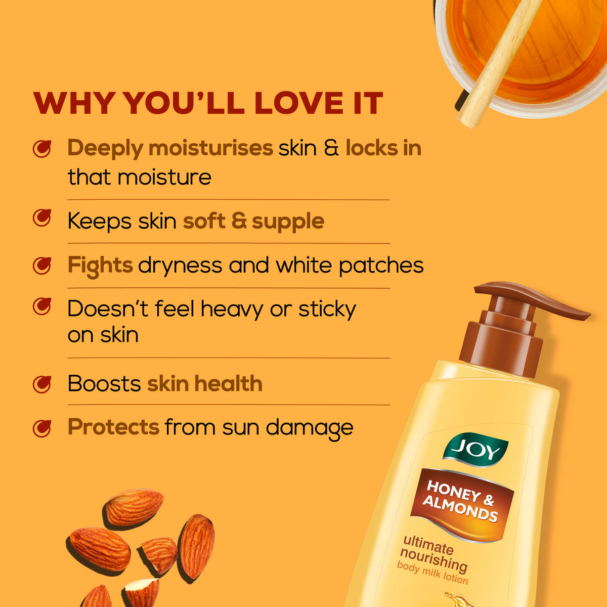Joy Honey & Almonds nourishing body lotion with shea and vitamin E, shown in a sleek bottle ideal for winter skin care.