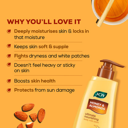 Joy Honey & Almonds nourishing body lotion with shea and vitamin E, shown in a sleek bottle ideal for winter skin care.