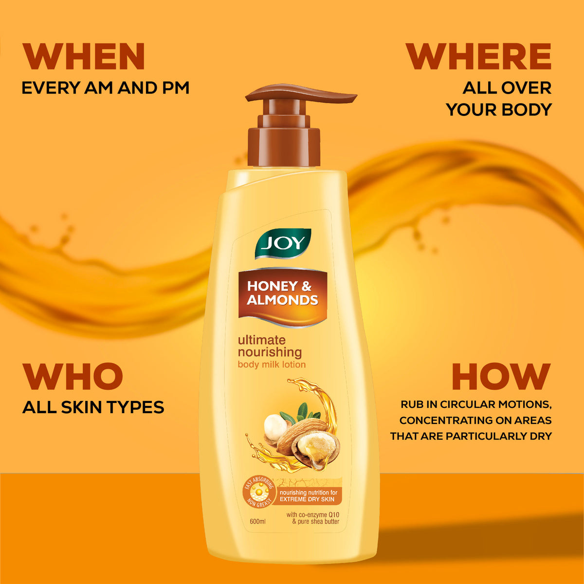 Joy Honey & Almonds Nourishing Body Lotion bottle with Shea and Vitamin E for winter skin care, featuring a moisturizing pump dispenser.