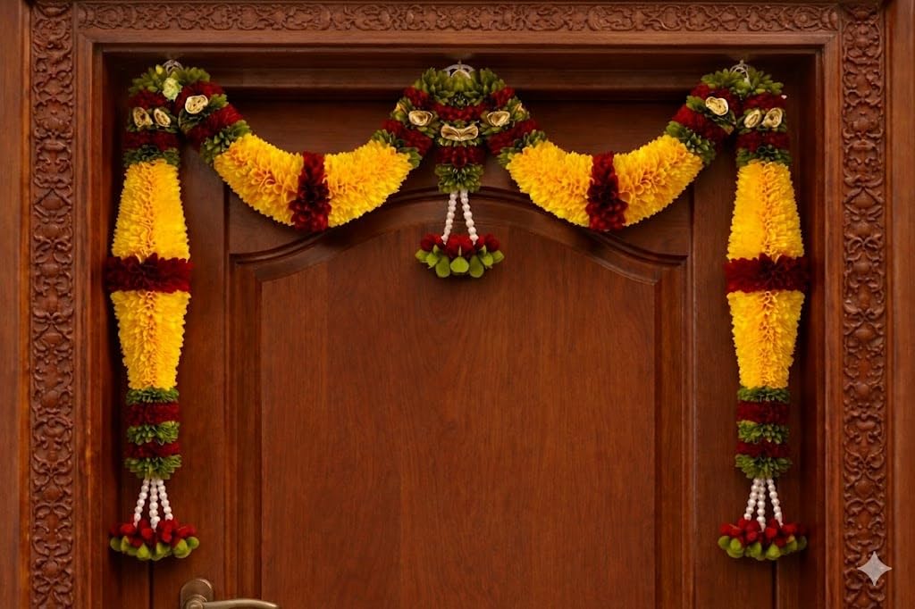 Orange Hanging Artificial Flower Toran for Main Door Entrance, Reusable Thoran for Pooja Mandir, Living Room & Home Décor, Bandarwal for Festival Decoration (42x25 inch)
