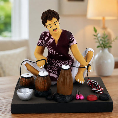 Niharika Collections Krishnanagar Handmade Clay Gift & Décor | Prime- Sitting Human Figure Miniature Idol - Musical Instruments Maker, 17 x 14 Cm, Multicolour