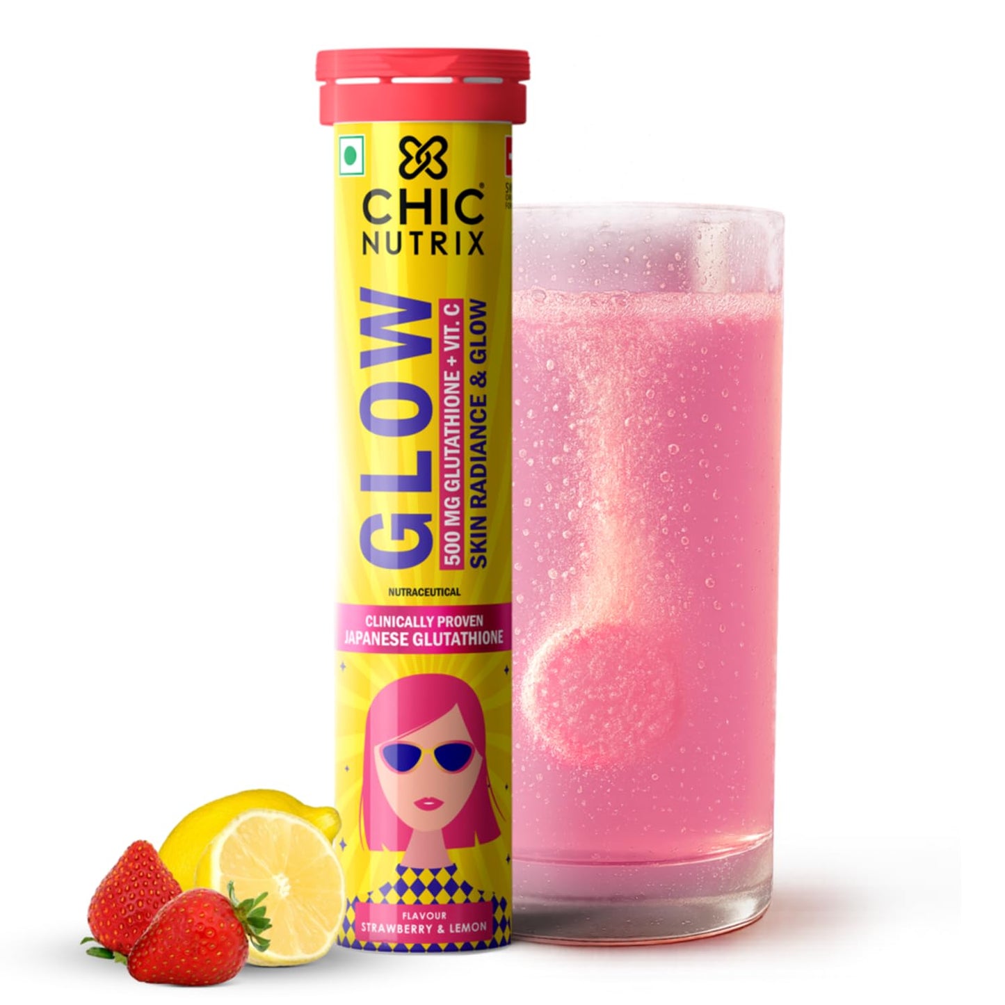 Chicnutrix Glow 500mg Effervescent Tablets - Strawberry & Lemon Flavor, For Glow & Radiance Skin - Indyancart