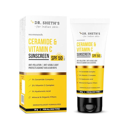 Dr. Sheth's Ceramide & Vitamin C Sunscreen SPF 50+ PA+++ UVA UVB Sun Protection, For All Skin Types - Indyancart