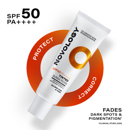 Novology SPF 50 PA++++ Tinted Sunscreen, For Pigmentation, Dark Spots, All Skin Types,Natural Finish