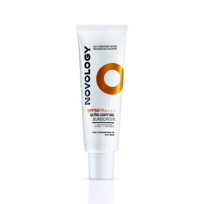 Novology SPF 50 PA++++ Ultra Light Gel Sunscreen, Reduces Acne & Sebum, Non Greasy, Invisible Finish