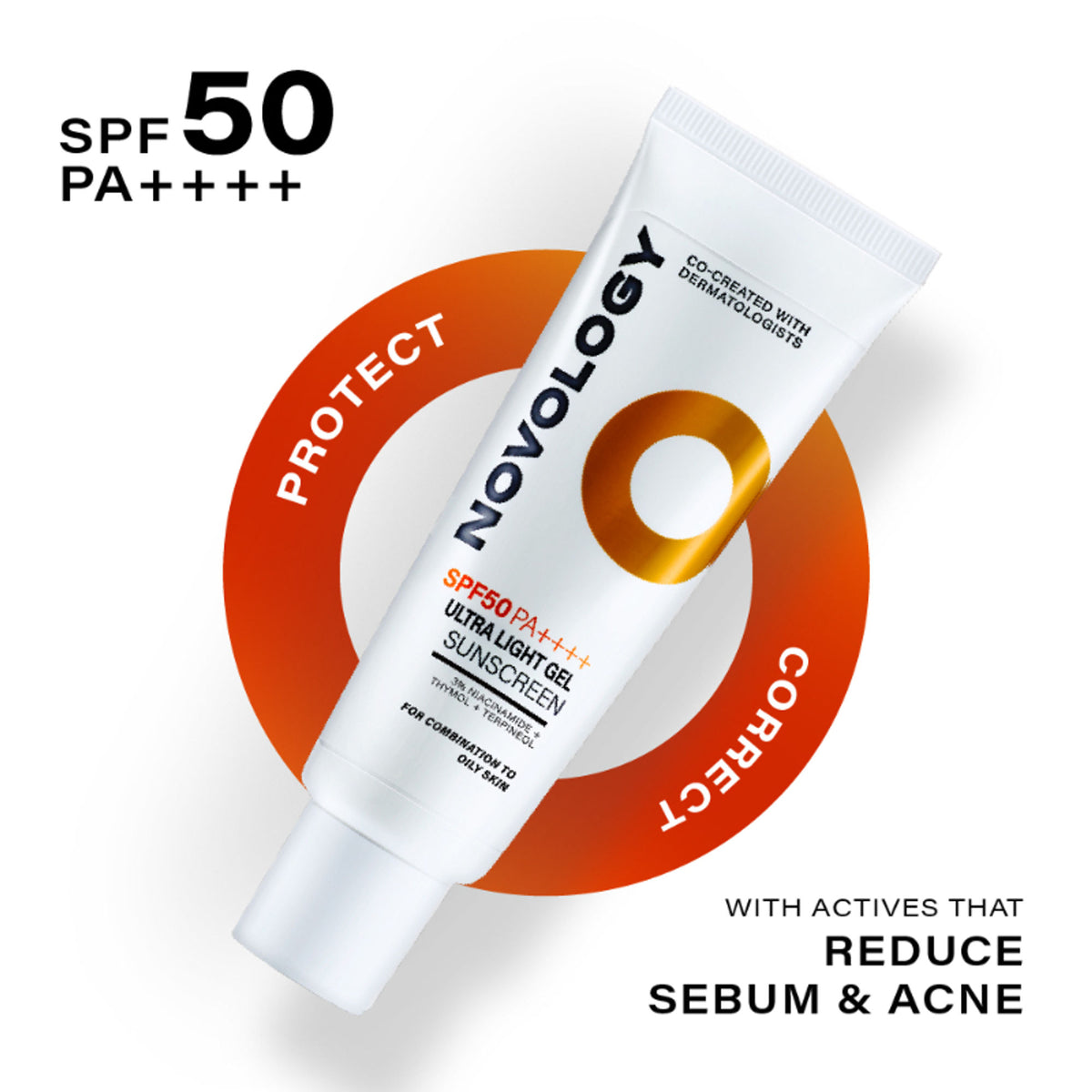 Novology SPF 50 PA++++ Ultra Light Gel Sunscreen, Reduces Acne & Sebum, Non Greasy, Invisible Finish